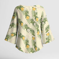 Hawaiian Pikake Maile Lei Kimono Sleeve Blouse Tiare Hibiscus Kalo Palapalai Leaf Beige