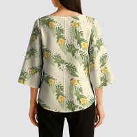 Hawaiian Pikake Maile Lei Kimono Sleeve Blouse Tiare Hibiscus Kalo Palapalai Leaf Beige