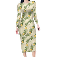 Hawaiian Pikake Maile Lei Long Sleeve Bodycon Dress Tiare Hibiscus Kalo Palapalai Leaf Beige LT19 Long Dress Beige - Polynesian Pride