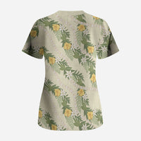 Hawaiian Pikake Maile Lei Scrub Top Tiare Hibiscus Kalo Palapalai Leaf Beige