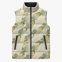 Hawaiian Pikake Maile Lei Sleeveless Puffer Jacket Tiare Hibiscus Kalo Palapalai Leaf Beige