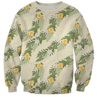 Hawaiian Pikake Maile Lei Sweatshirt Tiare Hibiscus Kalo Palapalai Leaf Beige
