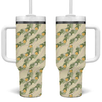 Hawaiian Pikake Maile Lei Tumbler With Handle Tiare Hibiscus Kalo Palapalai Leaf Beige