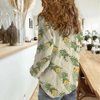 Hawaiian Pikake Maile Lei Women Casual Shirt Tiare Hibiscus Kalo Palapalai Leaf Beige LT19 - Polynesian Pride