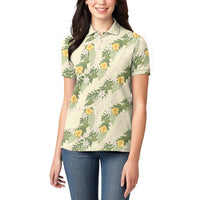 Hawaiian Pikake Maile Lei Women Polo Shirt Tiare Hibiscus Kalo Palapalai Leaf Beige LT19 - Polynesian Pride