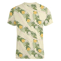 Hawaiian Pikake Maile Lei Women V-Neck T-Shirt Tiare Hibiscus Kalo Palapalai Leaf Beige LT19 - Polynesian Pride