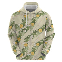 Hawaiian Pikake Maile Lei Zip Hoodie Tiare Hibiscus Kalo Palapalai Leaf Beige