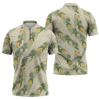 Hawaiian Pikake Maile Lei Zipper Polo Shirt Tiare Hibiscus Kalo Palapalai Leaf Beige