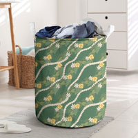 Hawaiian Pikake Maile Lei Laundry Basket Tiare Hibiscus Kalo Palapalai Leaf Green