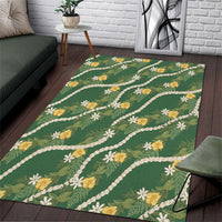 Hawaiian Pikake Maile Lei Area Rug Tiare Hibiscus Kalo Palapalai Leaf Green