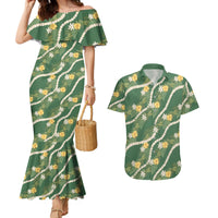 Hawaiian Pikake Maile Lei Couples Matching Mermaid Dress and Hawaiian Shirt Tiare Hibiscus Kalo Palapalai Leaf Green LT19 Green - Polynesian Pride