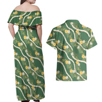 Hawaiian Pikake Maile Lei Couples Matching Off Shoulder Maxi Dress and Hawaiian Shirt Tiare Hibiscus Kalo Palapalai Leaf Green LT19 - Polynesian Pride
