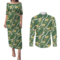 Hawaiian Pikake Maile Lei Couples Matching Puletasi and Long Sleeve Button Shirt Tiare Hibiscus Kalo Palapalai Leaf Green LT19 Green - Polynesian Pride
