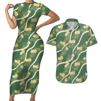 Hawaiian Pikake Maile Lei Couples Matching Short Sleeve Bodycon Dress and Hawaiian Shirt Tiare Hibiscus Kalo Palapalai Leaf Green LT19 Green - Polynesian Pride