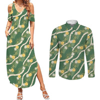 Hawaiian Pikake Maile Lei Couples Matching Summer Maxi Dress and Long Sleeve Button Shirt Tiare Hibiscus Kalo Palapalai Leaf Green LT19 Green - Polynesian Pride