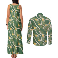 Hawaiian Pikake Maile Lei Couples Matching Tank Maxi Dress and Long Sleeve Button Shirt Tiare Hibiscus Kalo Palapalai Leaf Green LT19 - Polynesian Pride