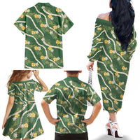 Hawaiian Pikake Maile Lei Family Matching Off The Shoulder Long Sleeve Dress and Hawaiian Shirt Tiare Hibiscus Kalo Palapalai Leaf Green LT19 - Polynesian Pride