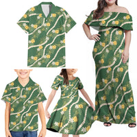 Hawaiian Pikake Maile Lei Family Matching Off Shoulder Maxi Dress and Hawaiian Shirt Tiare Hibiscus Kalo Palapalai Leaf Green LT19 - Polynesian Pride