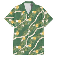 Hawaiian Pikake Maile Lei Family Matching Off Shoulder Maxi Dress and Hawaiian Shirt Tiare Hibiscus Kalo Palapalai Leaf Green LT19 Dad's Shirt - Short Sleeve Green - Polynesian Pride