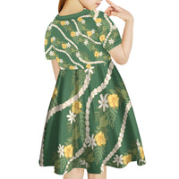 Hawaiian Pikake Maile Lei Kid Short Sleeve Dress Tiare Hibiscus Kalo Palapalai Leaf Green