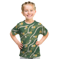 Hawaiian Pikake Maile Lei Kid T Shirt Tiare Hibiscus Kalo Palapalai Leaf Green