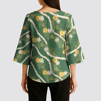 Hawaiian Pikake Maile Lei Kimono Sleeve Blouse Tiare Hibiscus Kalo Palapalai Leaf Green
