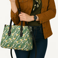 Hawaiian Pikake Maile Lei Leather Bag Tiare Hibiscus Kalo Palapalai Leaf Green