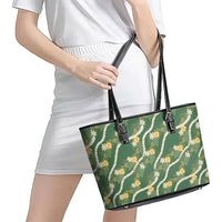 Hawaiian Pikake Maile Lei Leather Tote Bag Tiare Hibiscus Kalo Palapalai Leaf Green