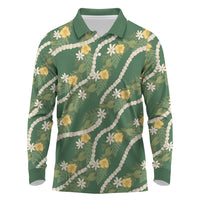 Hawaiian Pikake Maile Lei Long Sleeve Polo Shirt Tiare Hibiscus Kalo Palapalai Leaf Green LT19 Green - Polynesian Pride