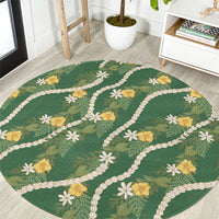 Hawaiian Pikake Maile Lei Round Carpet Tiare Hibiscus Kalo Palapalai Leaf Green