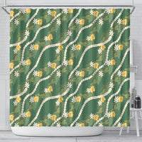 Hawaiian Pikake Maile Lei Shower Curtain Tiare Hibiscus Kalo Palapalai Leaf Green