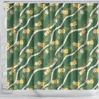 Hawaiian Pikake Maile Lei Shower Curtain Tiare Hibiscus Kalo Palapalai Leaf Green