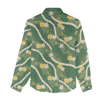 Hawaiian Pikake Maile Lei Women Casual Shirt Tiare Hibiscus Kalo Palapalai Leaf Green
