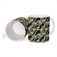 Hawaiian Pikake Maile Lei Ceramic Mug Tiare Hibiscus Kalo Palapalai Leaf Black
