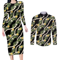 Hawaiian Pikake Maile Lei Couples Matching Long Sleeve Bodycon Dress and Long Sleeve Button Shirt Tiare Hibiscus Kalo Palapalai Leaf Black LT19 Black - Polynesian Pride
