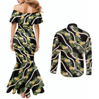 Hawaiian Pikake Maile Lei Couples Matching Mermaid Dress and Long Sleeve Button Shirt Tiare Hibiscus Kalo Palapalai Leaf Black LT19 - Polynesian Pride