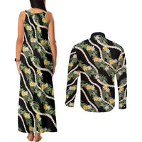 Hawaiian Pikake Maile Lei Couples Matching Tank Maxi Dress and Long Sleeve Button Shirt Tiare Hibiscus Kalo Palapalai Leaf Black LT19 - Polynesian Pride