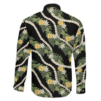 Hawaiian Pikake Maile Lei Family Matching Off Shoulder Maxi Dress and Hawaiian Shirt Tiare Hibiscus Kalo Palapalai Leaf Black LT19 - Polynesian Pride