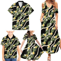 Hawaiian Pikake Maile Lei Family Matching Summer Maxi Dress and Hawaiian Shirt Tiare Hibiscus Kalo Palapalai Leaf Black LT19 - Polynesian Pride