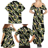 Hawaiian Pikake Maile Lei Family Matching Summer Maxi Dress and Hawaiian Shirt Tiare Hibiscus Kalo Palapalai Leaf Black LT19 - Polynesian Pride