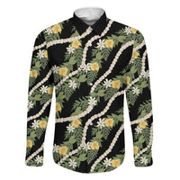 Hawaiian Pikake Maile Lei Family Matching Summer Maxi Dress and Hawaiian Shirt Tiare Hibiscus Kalo Palapalai Leaf Black LT19 Dad's Shirt - Long Sleeve Black - Polynesian Pride