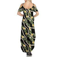 Hawaiian Pikake Maile Lei Family Matching Summer Maxi Dress and Hawaiian Shirt Tiare Hibiscus Kalo Palapalai Leaf Black LT19 - Polynesian Pride