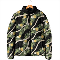 Hawaiian Pikake Maile Lei Padded Jacket Tiare Hibiscus Kalo Palapalai Leaf Black