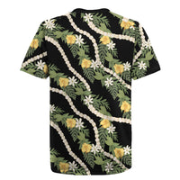 Hawaiian Pikake Maile Lei Rugby Jersey Tiare Hibiscus Kalo Palapalai Leaf Black