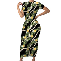 Hawaiian Pikake Maile Lei Short Sleeve Bodycon Dress Tiare Hibiscus Kalo Palapalai Leaf Black LT19 Long Dress Black - Polynesian Pride