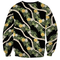 Hawaiian Pikake Maile Lei Sweatshirt Tiare Hibiscus Kalo Palapalai Leaf Black