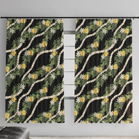 Hawaiian Pikake Maile Lei Window Curtain Tiare Hibiscus Kalo Palapalai Leaf Black LT19 With Hooks Black - Polynesian Pride