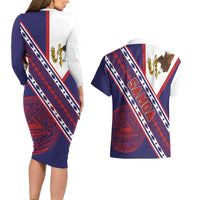 American Samoa Flag Day Couples Matching Long Sleeve Bodycon Dress and Hawaiian Shirt Polynesian Tribal Tattoo Eagle Art