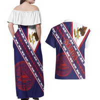 American Samoa Flag Day Couples Matching Off Shoulder Maxi Dress and Hawaiian Shirt Polynesian Tribal Tattoo Eagle Art