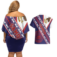 American Samoa Flag Day Couples Matching Off Shoulder Short Dress and Hawaiian Shirt Polynesian Tribal Tattoo Eagle Art